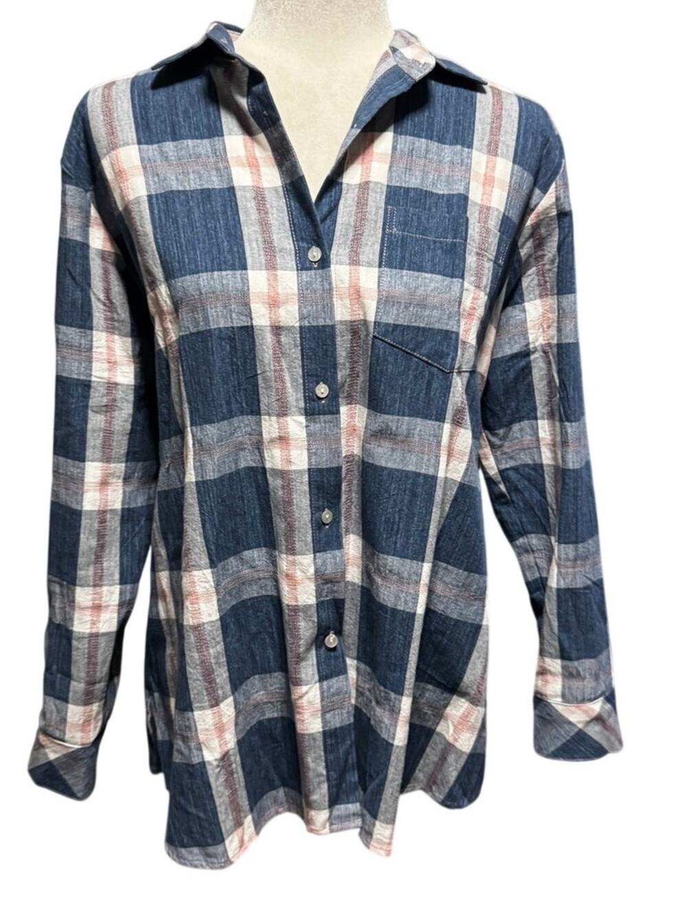 Hatch Oversized Cotton Plaid Button-Down Shirt in Blue Cream and Pink Size 1 (M)